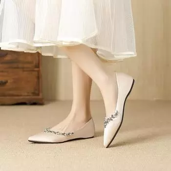 W1022-70 плоские женские туфли лето 2025 новые стразы фея лодочки туфли с острым носком женские туфли невесты на плоской подошве женские 35 чёрный