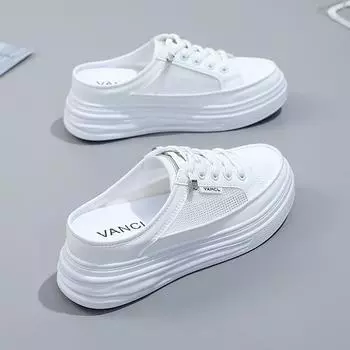 W1755 Полутапочки Женская обувь Летняя новая стелька, увеличивающая рост Верхняя одежда с толстой подошвой Маффин Половина поддержки Белые туфли Лето 34