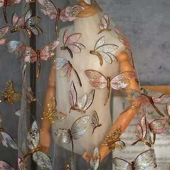 W1,5 м * 90 см, сетка с блестками, золотая стрекоза, вышитая одежда, кружевная ткань, юбка «сделай сам», женская одежда, ткань, ткань с вышивкой 1 Yards серый