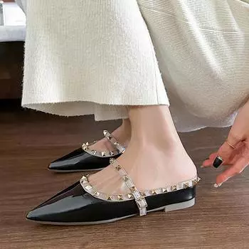 W3382-1 небольшое внутреннее увеличение высоты женские туфли 2025 новые классные тапочки верхняя одежда остроконечные полузаклепки обувь Muller 35 чёрный