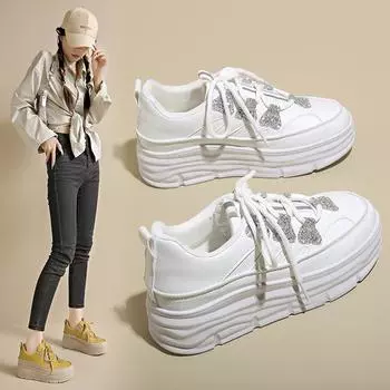 W3615 новые туфли для доски с блестками 2024 года, осенняя волна, маленькие белые туфли, толстая подошва, внутренняя высота, модная повседневная обувь, студенческая обувь 35