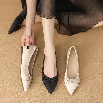 W623-1 pointed 2025 new summer add bow commuting daily work Mary Jane pleated women s shoes 35 чёрный