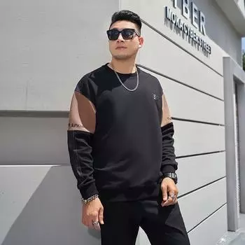 W7040 | Мужской осенний свитер больших размеров - новый вязаный свитшот контрастного цвета с круглым вырезом 7XL 300 jin чёрный