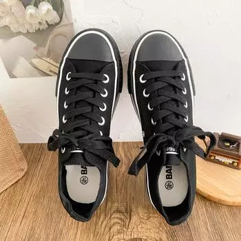 W-2198 retro thick-soled heightening canvas shoes women s shoes 2025 spring round head board shoes Hong Kong style chic white shoes 35 чёрный