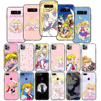 W-33 Cartoon Sailor Moon Soft Black Case for iPhone 11 12 13 14 15 6 7 8 X XS Pro Max XR Samsung S21 S22 S23 S24 FE Ultra S8 Plus