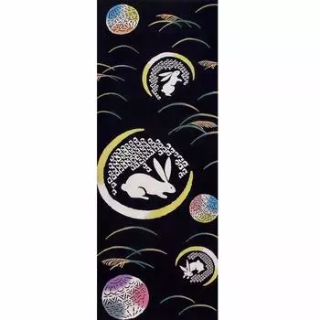 Wabunka Tenugui Hand Autumn Japanese Made in Japan and Towel, Pattern, Style, (Moon, Ball, Rabbit) TE-433