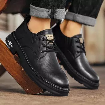 WAERTA Brand Luxury quality Men Flat Shoes Lace Up Oxfords Black Spring Autumn Breathable Leather Shoes Men fashion Walking Shoes 39 чёрный