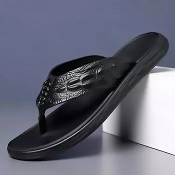 WAERTA Genuine Leather Mens Flip Flops Summer New Casual Slippers Men Fashion Outdoor Beach Slipper Classic Luxury Light Flats 38 чёрный