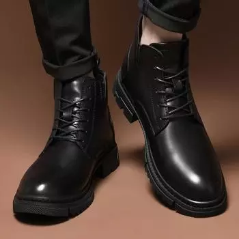 WAERTA Men Lace Up High Top Boots Autumn and Winter Warm Boots Fashionable Thick Sole Mid Top Boot Outdoor British Fashion Boots 36 чёрный