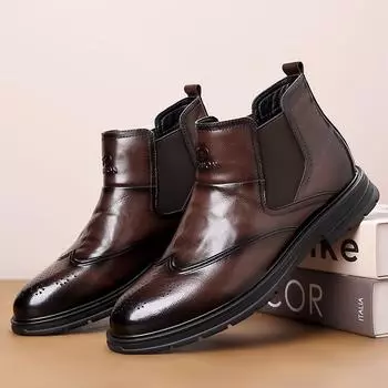 WAERTA New Brown Chelsea Boots for Men Black Business Ankle Boots Size 38-46 Mens Short Boots Plush Keep Warm Mens Cotton Boots 38