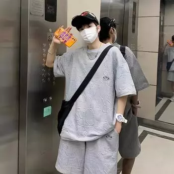 Waffle Five-point T-shirt Suit Men s Ins Hong Kong Style Summer Casual Loose Fashion Five-point Pants Sports Suit XXXXXL белый