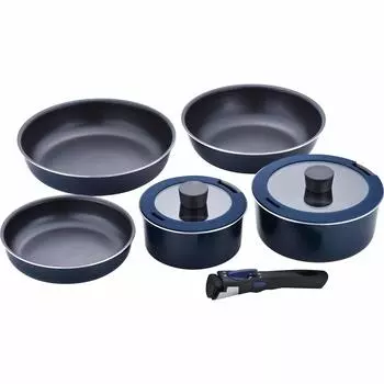 Wahei Freiz Cookware 5-Piece Frying Pan Set, Steezy, Induction Compatible, Frying Pan 20/26cm, Deep Pan 24cm, Pot 16/20cm, Detachable Handle, MA-9899 тёмно-синий