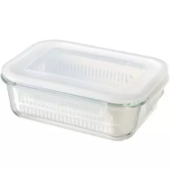 Wahei Freiz Glass Container L with Magicalino Heat-resistant Colander, Drainer, Colander, Airtight, 4-Point Lock, Steaming, Range, Oven, Cooking,