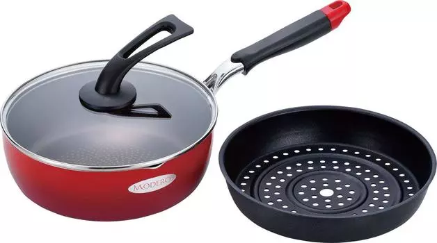 Wahei freiz Глубокая сковорода, 24 см, совместимая с IH, газовая, с крышкой и пластиной для готовки на пару, красная, без ПФОК, модель MM-9758 красный