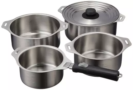 Wahei freiz Кастрюля Tsubame Sanjo со съемной ручкой, набор из 4 предметов, нержавеющая сталь, совместимая с IH Enzo EM-031 серебряный