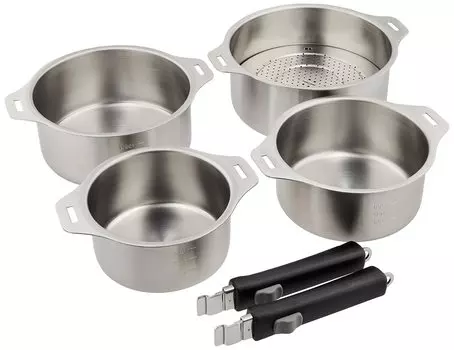 Wahei Freiz Made in Japan Tsubamesanjo pot set with removable handle Comes with steamer stand Stainless steel Compatible with IH Tsubamesan 4-piece