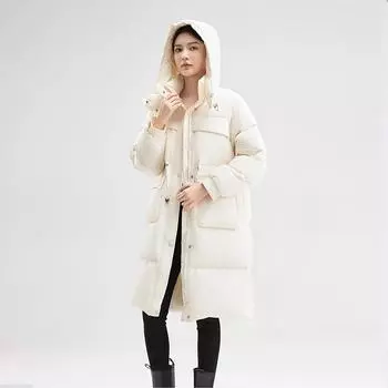 Waist Big Pocket Long Over the Knee 2025 Winter New White Duck Down Loose Thickened Warm Down Jacket S size 90-60kg