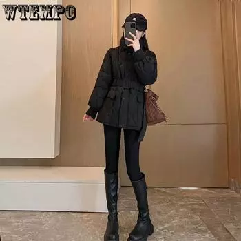 Waisted Down Cotton Jacket Female Short Section Stand-up Collar Small Black Popular Thin Winter Jacket S чёрный