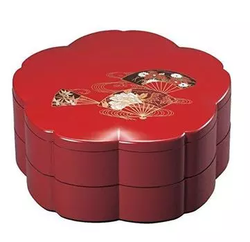 Wakaizumi Lacquerware H-155-66 2-уровневая коробка, 7,5-дюймовая форма в виде цветка вишни, закусочная, яркая грань веера (Внутренний черный) с 10 хвостиками