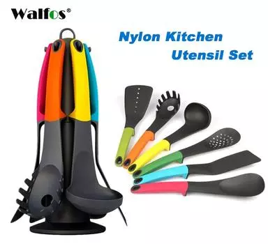 WALFOS 7 Pcs Utensil Set-Cooking Utensil Set NonStick Nylon Kitchen Utensil Set Cooking Spoon Kitchen Turner Spatula Soup Ladle
