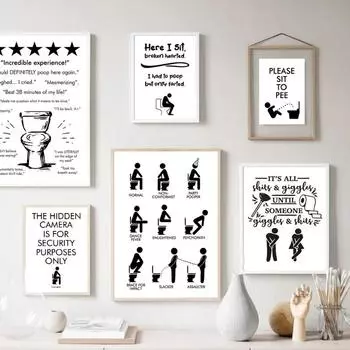 Wall Art Mural Canvas Painting Funy Toilet Boy Black White Nordic Posters Prints Wall Pictures Living Room Bathroom Club Decor 21cm30cm NoFrame