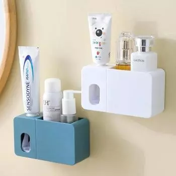 Wall Mount Automatic Toothpaste Dispenser Squeezer Dust-proof Toothbrush Holder Bath Storage Rack Bathroom Accessories темно-синий