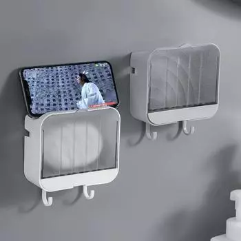 Wall Mounted Drain Soap Dish Holder Bathroom Waterproof Open Lid Soap Rack Dish Storage Box Travel Organizer Case with Hooks белый