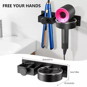 Wall Mounted Hair Dryer Holder 2 in 1 Bathroom Accessory Blower Holder Self Adhesive Hair Tool Organizer Barber Shop чёрный