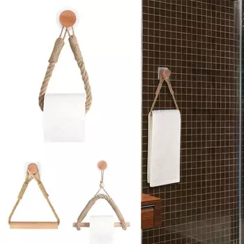 Wall Mounted Hotel Towel Hanging Rope Toilet Paper Holder Wood Storage Rack Bathroom Supplies 2