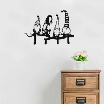 Wall-Mounted Key Rack with 4 Hooks – Adorable Gnome Design Home Sign for Entryway, Hallway, and Organized Spaces чёрный