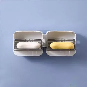Wall Mounted Soap Holde Soap Box With Flip Lid Free Punch Soap Drain Dish Double Grids Soap Draining Rack For Home Bathroom