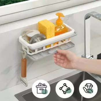 Wall Mounted Sponge Holder Kitchen Towel Rack Sinks Soap Telescopic Sink Bathroom Shelves with Hooks Organizer Accessories зелёный