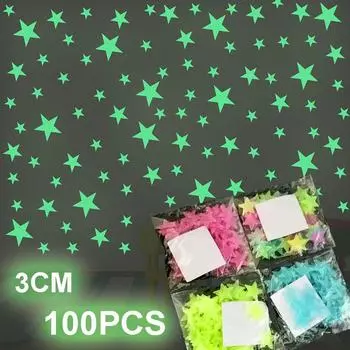 Wall Stickers Stars 3D Stars DIY Luminous Bedroom Home Decoration Glow In The Dark Fluorescen 100 pcs Handmade зелёный