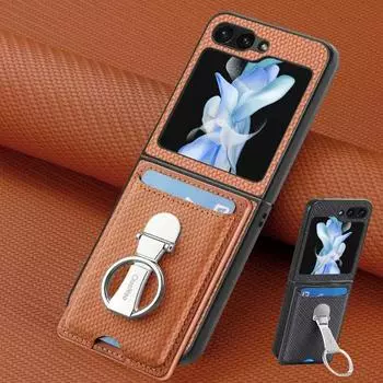 Walley Card Ring Holder кожаный чехол для телефона Samsung Z Flip 6 5 4 3 5G Многофункциональное кольцо-подставка Защитная задняя крышка Z Flip6 Flip5 Flip4 Flip3 Galaxy Z Flip 1 чёрный