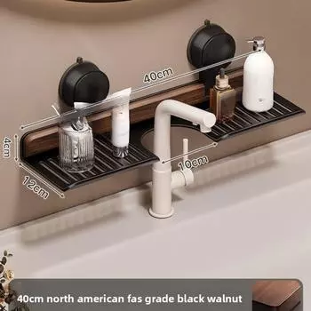 Walnut Suction Cup Faucet Storage Rack, Non Perforated Wall Mounted Bathroom, Washbasin, Sink Storage Rack 40cm