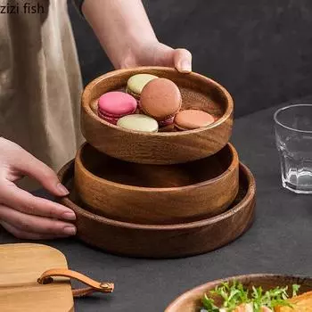 Walnut Wood Straight Edge Disc Salad Plate Dessert Plate Sushi Plate Dim Sum Plates Molecular Cuisine Creative Tableware
