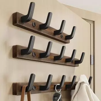 Walnut Wooden Coat Rack Wall Mounted Entryway Coat Rack with Bathroom Kitchen Self-adhesive Towel Rack Hat Hanger Behind Door