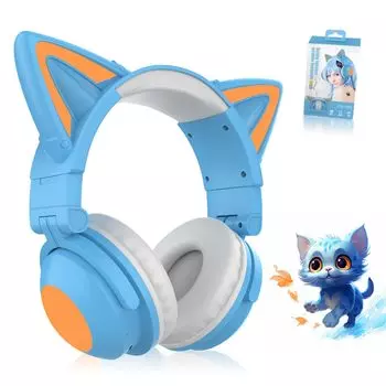 WANCHIY Cat Ear Наушники Игровая гарнитура Bluetooth с микрофоном Беспроводная светодиодная подсветка Телескопическая складная HiFi Call Совместимость 5.0 Проводная/беспроводная