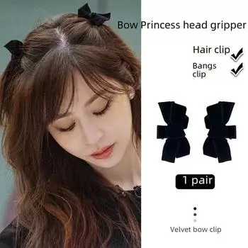 Wang Xinling Black Velvet Bow Hairpin for Summer - Princess Style Side Clip for Women
