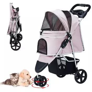 wangmao Pet 3 Dog Для кошек и нескольких Переднее колесо вращается Заднее колесо Легко для кормящих питомцев Грузоподъемность 15 кг Тележка, складная, Колеса, Прогулочная коляска, розовый