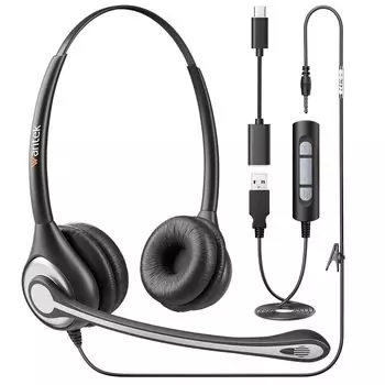 Wantek Гарнитура USB TypeC Бинауральная С шумоподавлением Микрофон и Онлайн-управление Проводные Наушники для ПК Подходят для Веб Дома Удаленного Колл-центра Четкий