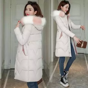 вариант облегающей пуховой хлопчатобумажной одежды для женщин средней и длинной выше колена с большим меховым воротником и талией, хлопчатобумажная одежда куртка прилив M