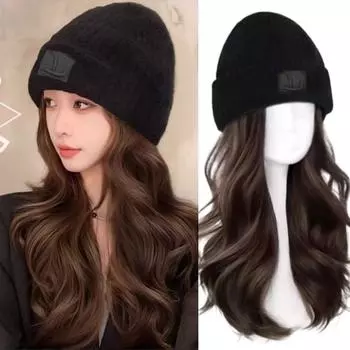Warm Cap Ski Knitted Cap Wig One-piece Long Wavy Hat Wigs Beanies Hat with Hair Wigs Autumn Winter коричневый/чёрный