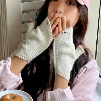 Warm Conch Knitted Gloves Thicken Winter Shell Gloves Simple Half Gloves Cycling белый