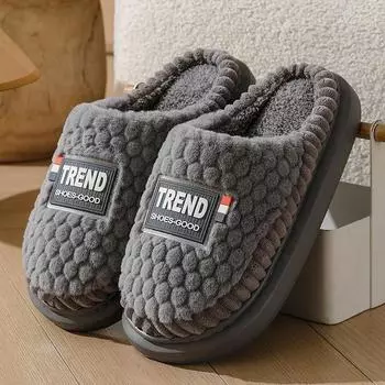 Теплые пушистые мужские тапочки, домашние зимние тапочки для мужчин, большие размеры, обувь для папы, 2024, новые шлепанцы с толстой подошвой и плоским мехом 38-39