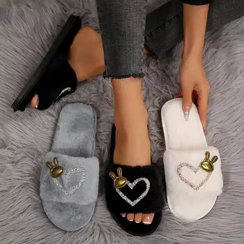 Теплые пушистые тапочки женские толстые пушистые меховые тапочки с сердечками кролика зимние домашние шлепанцы домашние тапочки плоские тапочки для дома 36 чёрный