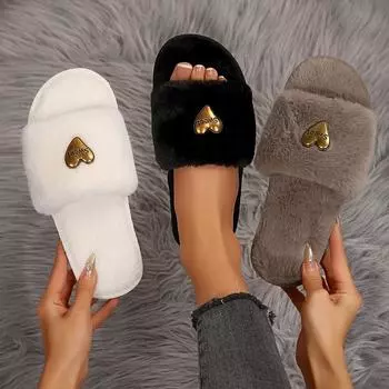 Теплые пушистые тапочки женские толстые пушистые меховые тапочки с пряжкой в форме сердца зимние домашние шлепанцы домашние тапочки на плоской подошве для дома 36 чёрный