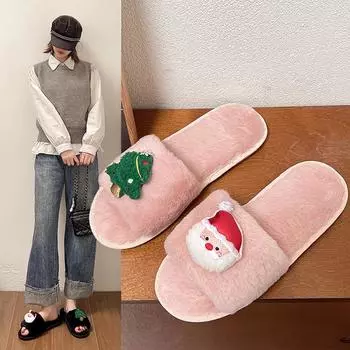 Теплые меховые тапочки женские толстые пушистые меховые тапочки рождественские шлепанцы Санта-Клауса домашние шлепанцы плоские тапочки для дома 36 бежевый