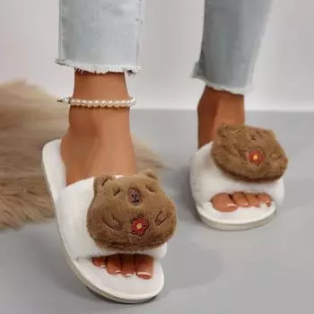 Warm Furry Slippers Women Thick Fluffy Fur Slippers Black White Cute Animal House Flip Flops Home Slides Flat Indoor Floor Shoes 36 бежевый