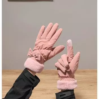 Warm Gloves In Autumn and Winter Plus Velvet Thickened Cute Bow with Fur Mouth Outdoor Riding Women Driving Touch Screen Gloves One Size